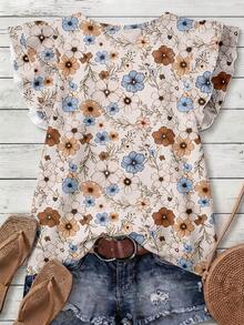 EMERY ROSE Blusa de mujer con mangas con volantes, estampado floral en todo el diseño, diseño elegante, apto para uso diario - Multicolor - Ver 2