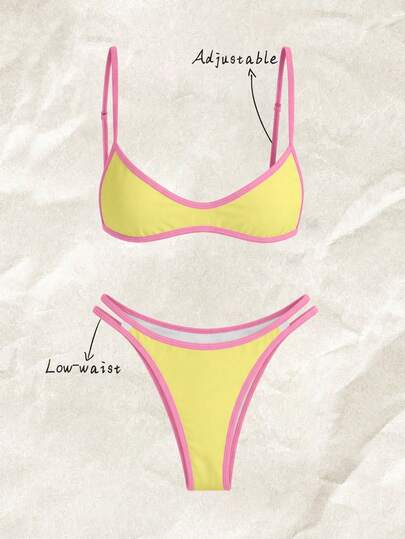 Elavelle Set de 2 piezas Bikini de tirantes finos con estampado aleatorio para mujer, verano