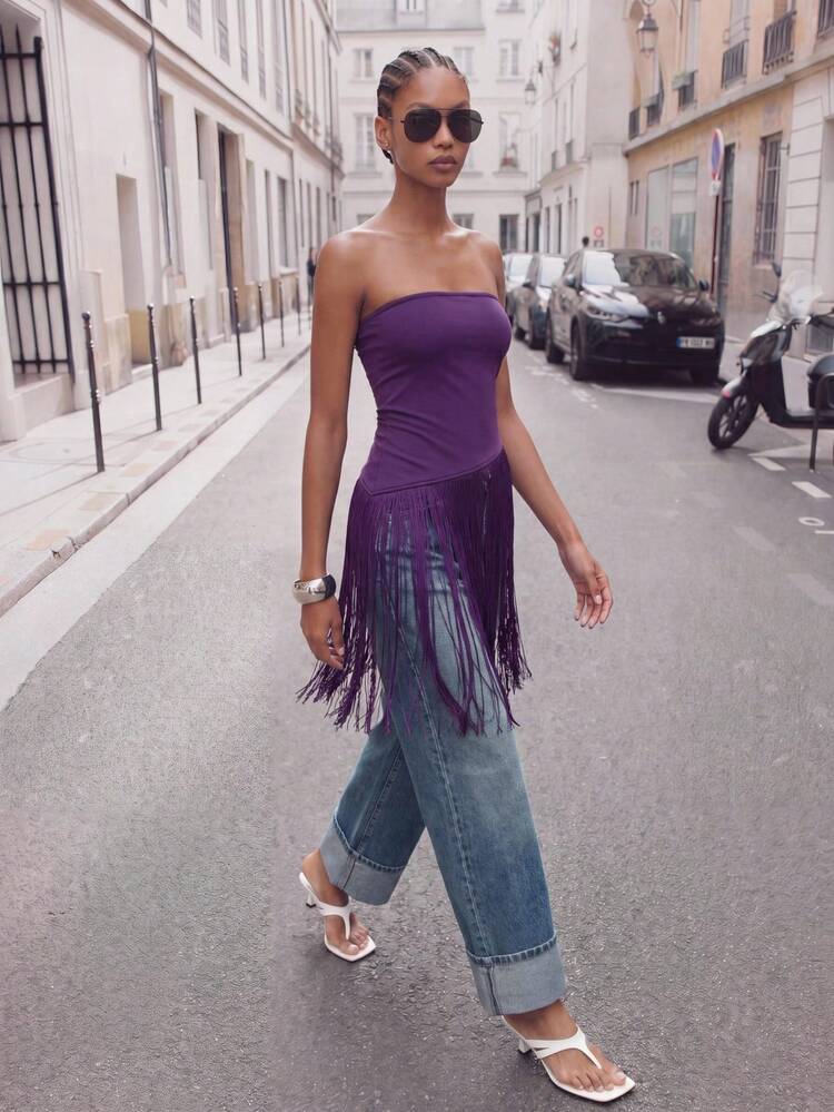 SHEIN Maija Damen modischer einfarbiger Bandeau-Top mit Fransen-Saum, Sommer
