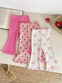 LMoss Kids 3pcs Baby Girl Knitted Solid Color Heart Pattern Integrated Flare Pants Set - Multicolor - View 5