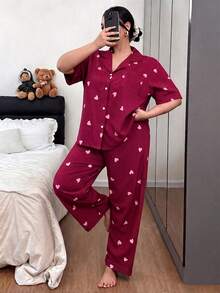 SHEIN 条纹爱心印花翻领短袖睡衣套装，加大码 - 彩色 - 查看 4