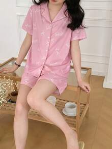 SHEIN 女童甜美蝴蝶结短袖翻领休闲短裤睡衣套装 - 粉色 - 查看 4