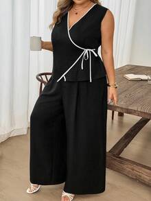 SHEIN CURVE+ Plus Size Women Textured Tie-Front Contrast Color Shirt And Minimalist Casual Loose Wide-Leg Pants Set Vacation Black Summer - Black - View 7
