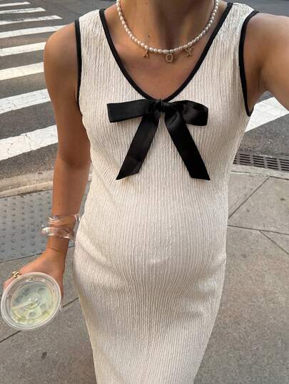 MaterniWear Summer Outfits,Maternity Work Clothes,Maternity Work Outfits,Maternity Work Dresses,Business Casual Outfit Women ,Office Wear Women Outfits,Maternity Contrast Color Trim Bow Decor Sleeveless Dress