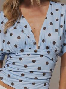 MUSERA Polka Dot Crop Top With Deep V Neckline And Ruched Waistband Spring Summer Y2k Feminine Casual Girly Trending - Multicolor - View 6