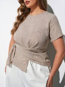 Maija Plus Size Casual Top Office Formal Wear, Waist Pleated Bow Knot, Elegant Wedding Guest, French Luxury Autumn Outfit Back To School Clothes Halloween - Beige - View 2