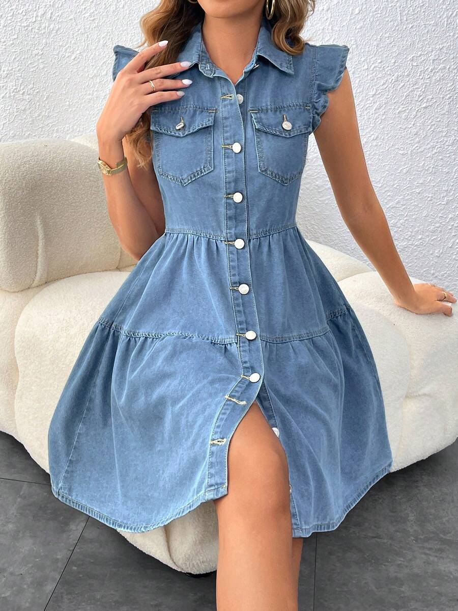 SHEIN Frenchy 女款輕量牛仔帽袖洋裝,適合秋季,休閒復古 70 年代 90 年代風,時尚舒適,淺藍色牛仔度假旅行穿搭 - 中等水洗藍 - 查看 1