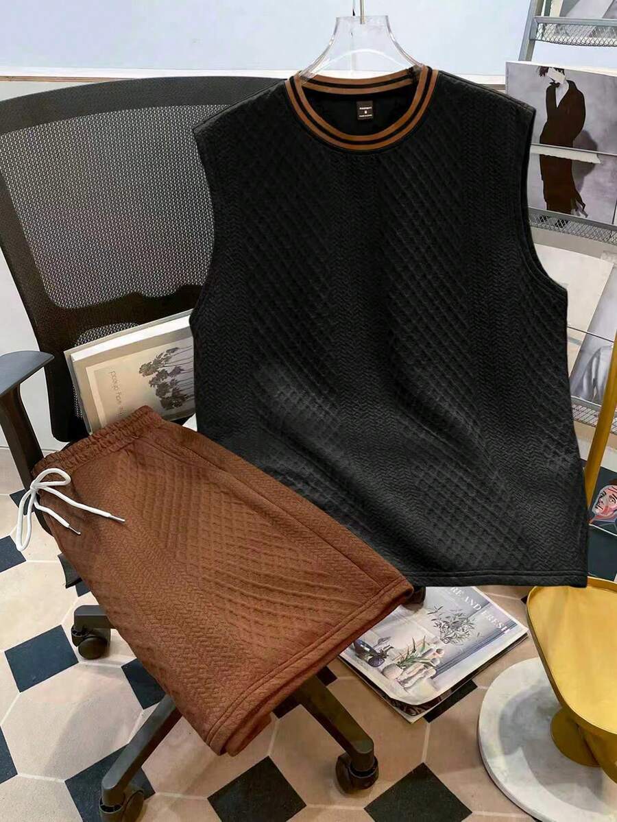 Manfinity Joysei Conjunto de camiseta de tirantes de punto jacquard con textura de unicolor acanalado para hombre - Negro - Ver 1