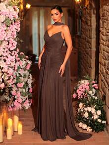 Glamrae Elegant, , Fashionable Elastic Mesh Handmade Ruched A-Line Dress, Suitable For Party, Wedding Guest, Pink Formal Evening Gown - Coffee Brown - View 8