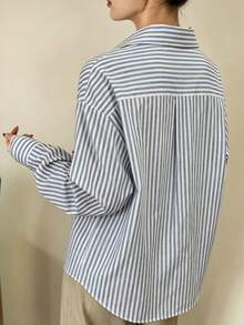 Dazy-Less Camisa de Manga Longa Listrada Azul Casual de Primavera/Verão, Adequada para Escritório, Transporte, Dia dos Namorados - Azul - Visão 2