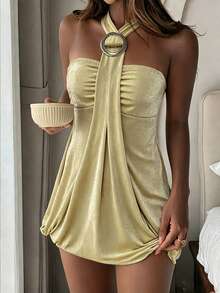 Livesso Women's Short Dress With Metal Neck Decor - Green - View 4