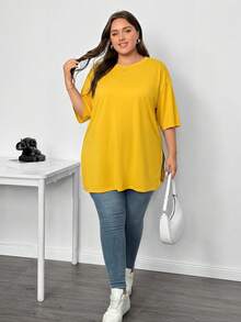 SHEIN CURVE+ 大尺碼女款黃色夏季休閒日常寬鬆舒適基礎款開衩下擺短袖T恤，機場穿搭，時尚 - 黃色 - 查看 6