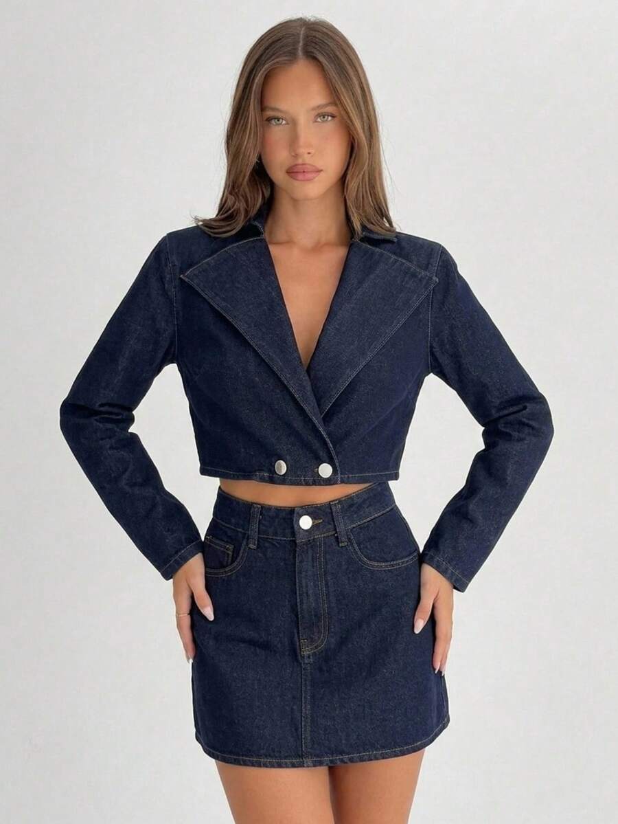 SHEIN بدلة نسائية أنيقة مكونة من جاكيت قصير وتنورة قصيرة عالية الخصر، طقم جينز عصري مكون من قطعتين - أزرق داكن - مشاهدة 1