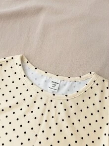 SHEIN Tween Girls' Brown Knit Casual Minimalist Polka Dot Print Ruched Waist Cropped Top, Suitable For Spring/Summer, Casual, Stylish Outfit - Apricot - View 8