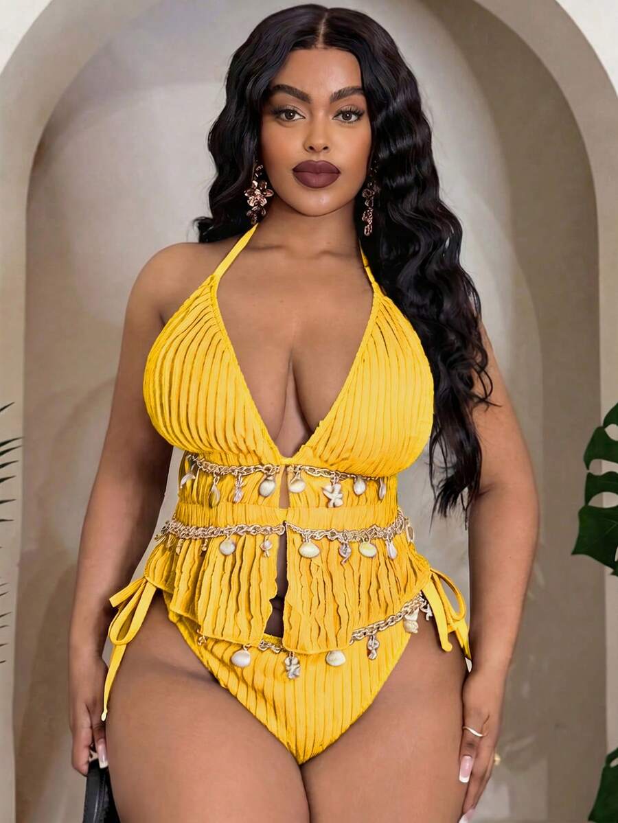 Slaydiva Bộ bikini 2 mảnh nữ size lớn 2026 mới, màu trắng, dệt jacquard, cổ yếm, có dây rút, quần buộc bên hông trang trí vỏ sò - Màu vàng - Xem 1