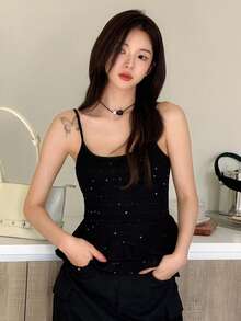 DAZY 女士纯色吊带无袖时尚荷叶边下摆吊带背心，夏季 - 黑色 - 查看 4