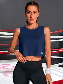 Powerista Casual Versatile Sleeveless Solid Color Side Burn-Out Front Letter Print Design Sports T-Shirt - Navy Blue - View 4