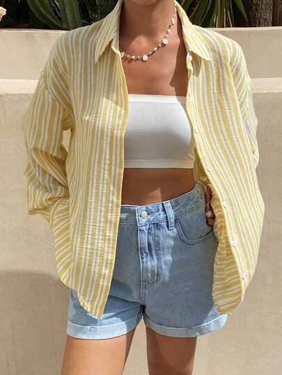 DAZY Striped Loose Long Sleeve Casual Summer Blouse For Women School