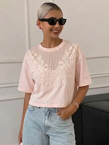 DAZY Women's Casual Pleated Floral Loose Short Sleeve Cropped Round Neck T-Shirt, Summer - Pink - View 4