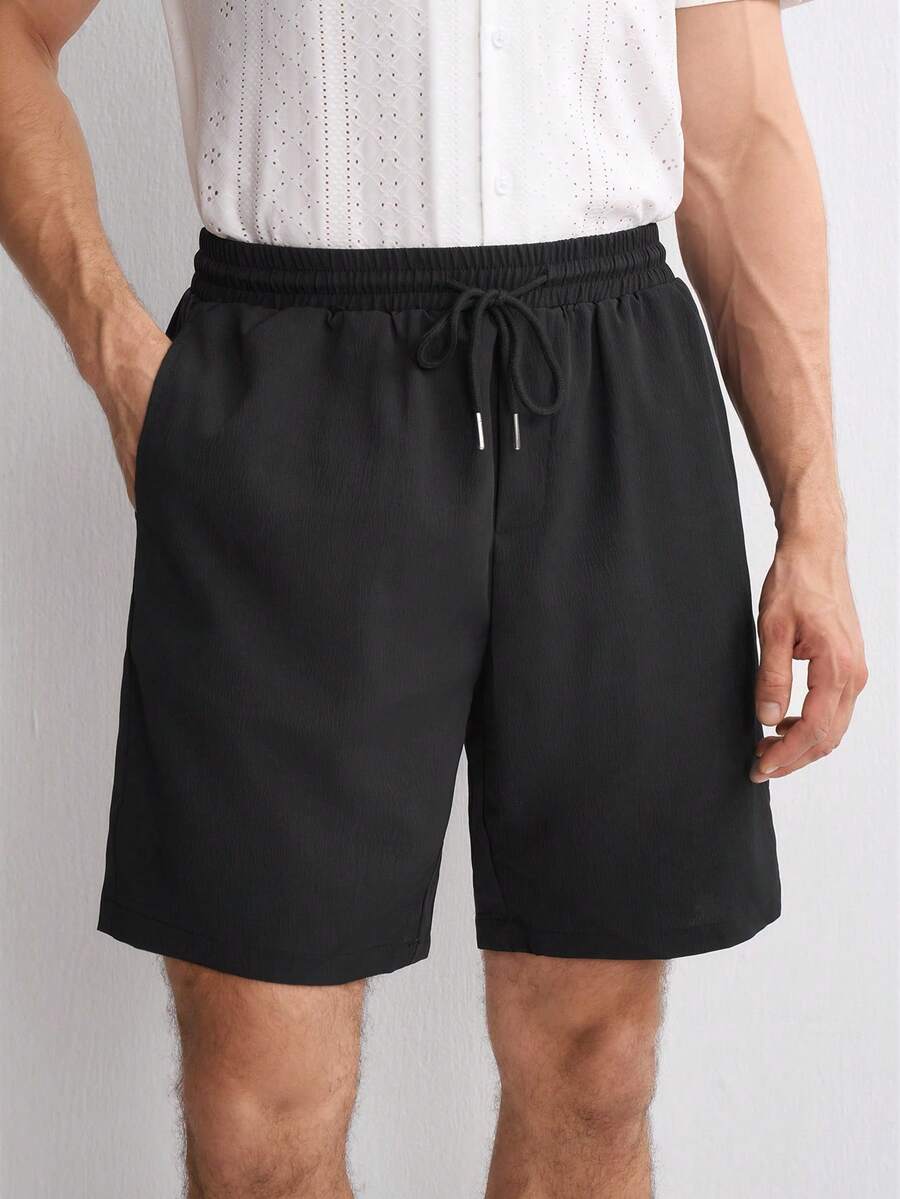 RONVEXI Men's Casual Plain Color Drawstring Shorts, Holiday - Black - View 1