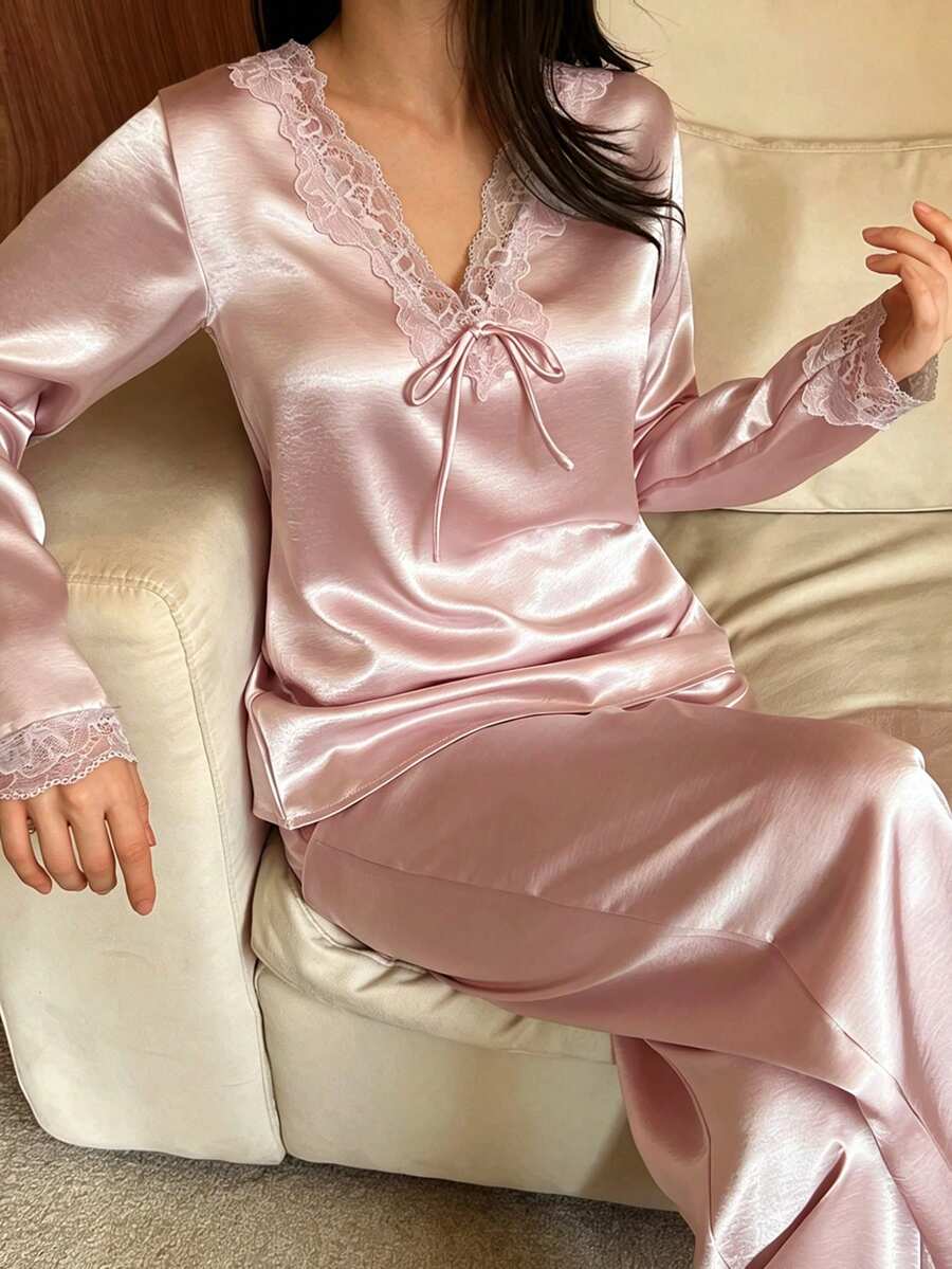 DAZY 2pcs Set Piyama Longgar Leher V Polos dengan Motif Renda, Atasan Lengan Panjang dan Celana, Musim Gugur/Musim Dingin untuk Wanita - Berwarna merah muda - View 1
