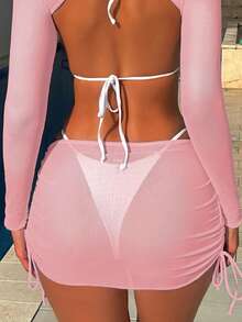 Swim SXY Conjunto de pareo y falda de un solo color con cordón lateral, para vacaciones - Rosa - Ver 3