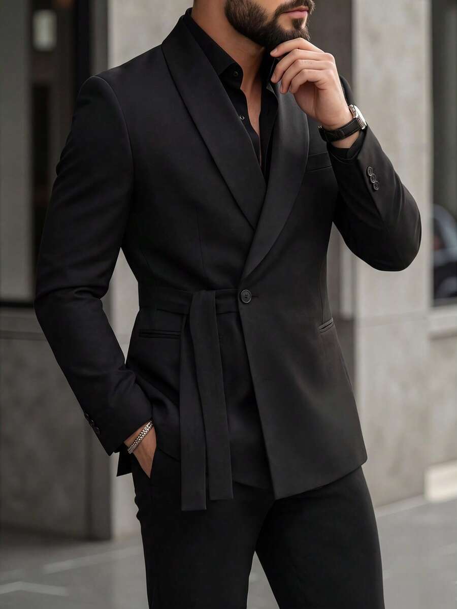Manfinity Mode Bộ vest nam công sở đi làm màu đen gồm áo khoác và quần dài - màu đen - Xem 1