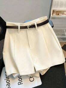 SHEIN Tall 女款米白色夏季休閒辦公短褲，中高腰寬腿剪裁短褲，附口袋與腰帶，時尚百搭純色下身，適合高個女性 - 杏色 - 查看 1