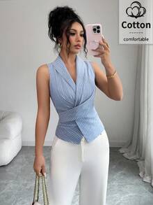 Selianne Áo kiểu không tay bằng cotton, cổ chữ V, thắt eo, nơ, in họa tiết, thanh lịch, lãng mạn dành cho nữ. - Nhiều màu - Xem 4