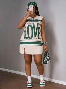 Slaydiva Plus Size Light Green Summer Grunge Back-To-School Sleeveless Letter Print Dress,Everyday Casual Street Music Festival Loungewear Cycling Vacation - Multicolor - View 6