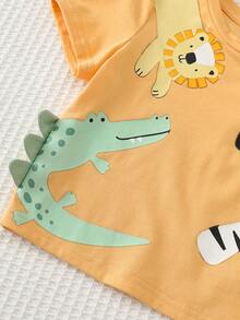 Cozy Pixies 2pcs Baby Boy Cartoon Animal Pattern Knit Soft Round Neck Short Sleeve Top And Elastic Waist Shorts Set - Multicolor - View 3