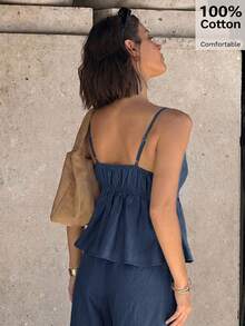 Siren Gaze Women's Solid Color Beaded Decor Camisole & Casual Pants 2 Pieces Set - Navy Blue - View 2
