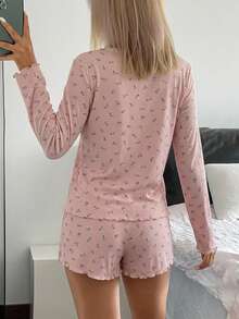 Livesso Set Piyama Wanita 3 Potong: Kamisol Warna Polos, Kardigan Motif Bunga Kecil & Celana Pendek - Berwarna merah muda - View 2