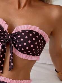 Swim Mod Bộ đồ 2 mảnh họa tiết kẻ sọc, thích hợp cho kỳ nghỉ hè ở bãi biển, cổ và gấu áo xếp ly, eo bèo nhún. - Cà phê nâu - Xem 5