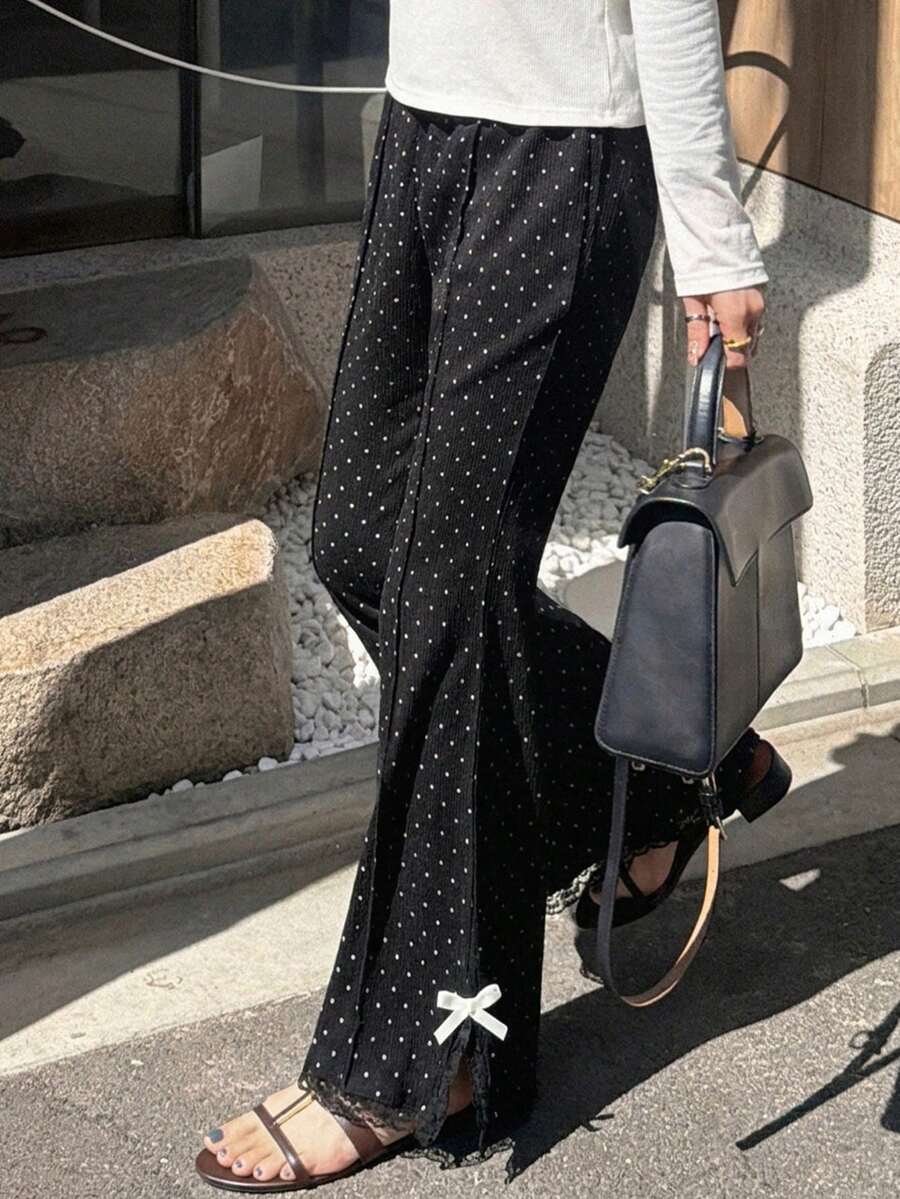 FRIFUL 女士Y2K休闲通勤波点印花撞色蝴蝶结装饰喇叭裤 - 黑色 - 查看 1