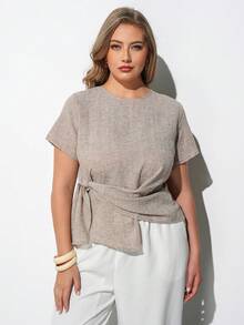 Maija Plus Size Casual Top Office Formal Wear, Waist Pleated Bow Knot, Elegant Wedding Guest, French Luxury Autumn Outfit Back To School Clothes Halloween - Beige - View 5