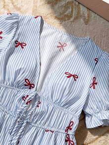 Elaquor 大尺碼夏季休閒條紋蝴蝶結印花前綁帶襯衫 - 藍色 - 查看 5