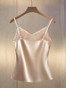 Franclia Áo hai dây satin nữ kiểu dáng lãng mạn, phối vạt bất đối xứng, thắt dây trang trí kim loại, viền bèo nhún, áo satin thanh lịch, áo hai dây satin nữ, áo satin cao cấp. - Màu be - Xem 2