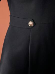 MOTF PREMIUM PLUS SIZE WOMEN'S ROUND NECK METAL DECOR BUTTON SIMPLE ELEGANT COMMUTER DINNER EVENING FORMAL OFFICE BLACK DRESS, SPRING/SUMMER TEACHERS' DAY - Black - View 3
