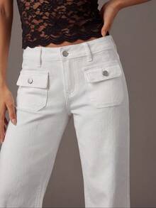 TRNVIE Fashion Casual Vacation Style Patch Pocket Low Waist Straight Leg Jeans - White - View 4