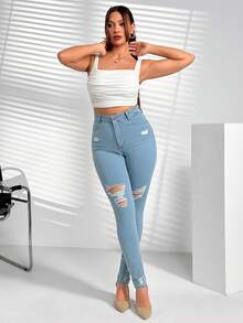 SHEIN Grande taille, jeans skinny taille haute déchiré en lavage clair - Jean clair - Voir 5