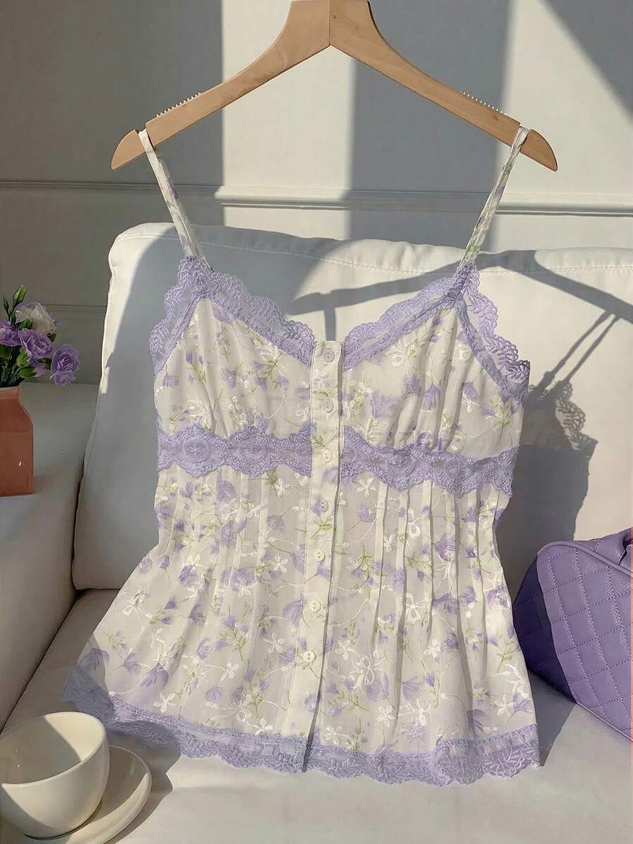 Comfortcana 大码纯色蕾丝荷叶边下摆休闲吊带背心,夏季女式上衣,可爱碎花吊带背心,复古意式吊带背心,仙气十足 - 紫色 - 查看 1