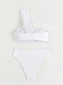 Costavie 女款素色極簡不對稱泳衣套裝 - 白色 - 查看 2