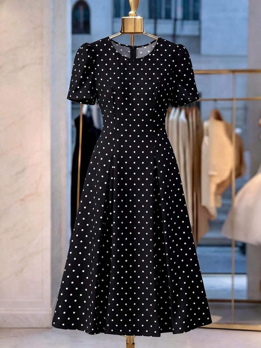 SHEIN Franclia 女士梭织波点圆领短袖A字优雅长款夏季连衣裙 - 黑色 - 查看 1