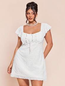 SHEIN BAE Große Größen Minikleid für Damen, weiß strukturiert, Kleid mit Rüschenärmeln - Weiss - Übersicht 2
