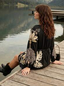 CAJUNI Chic Vacation Golden Embroidery Short Dress - Black - View 2