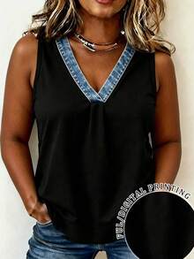 EMERY ROSE Plus Size Women Summer Casual Vacation Commute New Colorblock Denim Effect Print Loose Tank Top - Black - View 1
