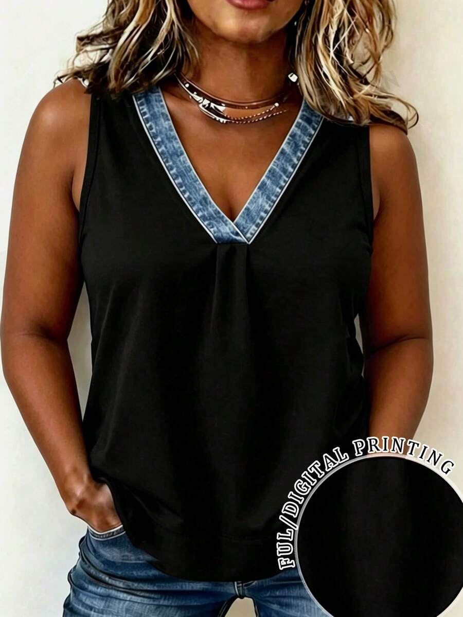 EMERY ROSE Plus Size Women Summer Casual Vacation Commute New Colorblock Denim Effect Print Loose Tank Top - Black - View 1