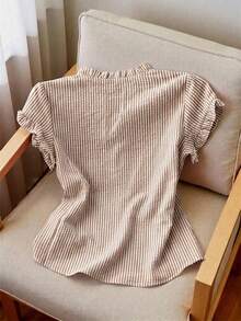 Franclia Women's Striped Frill Trim Short Sleeve Single-Breasted Casual Shirt - Mocha Brown - View 2