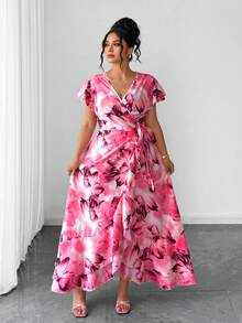 Elenzga Đầm dài in họa tiết, thanh lịch, giản dị, tối giản dành cho nữ cỡ lớn, cổ chữ V, tay bồng, thắt lưng, vạt bèo bất đối xứng, thích hợp cho kỳ nghỉ. - Màu Hồng Tươi - Xem 4